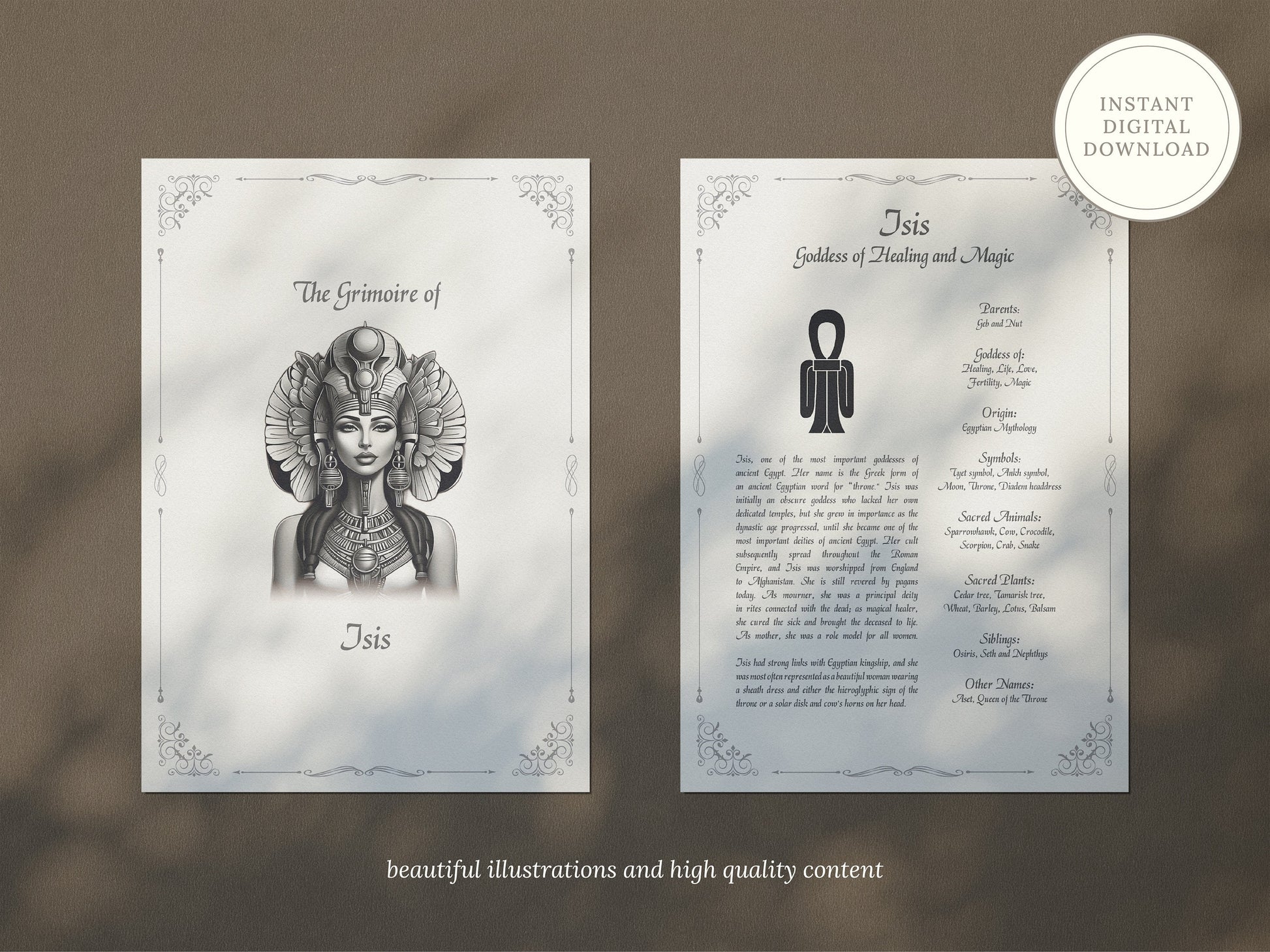 Isis - Grimoire Pages, Aset Goddess of Healing, Love, Magic, Moon, Fertility, Printable, Witch Journal, Egyptian Goddess, Book of Shadows