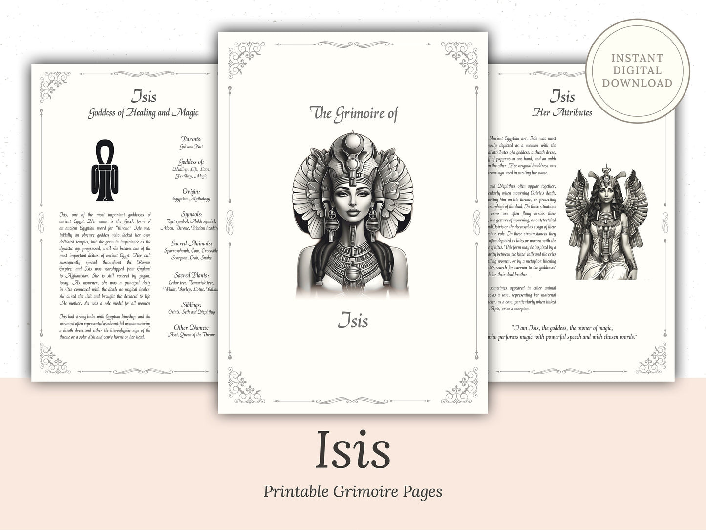 Isis - Grimoire Pages, Aset Goddess of Healing, Love, Magic, Moon, Fertility, Printable, Witch Journal, Egyptian Goddess, Book of Shadows