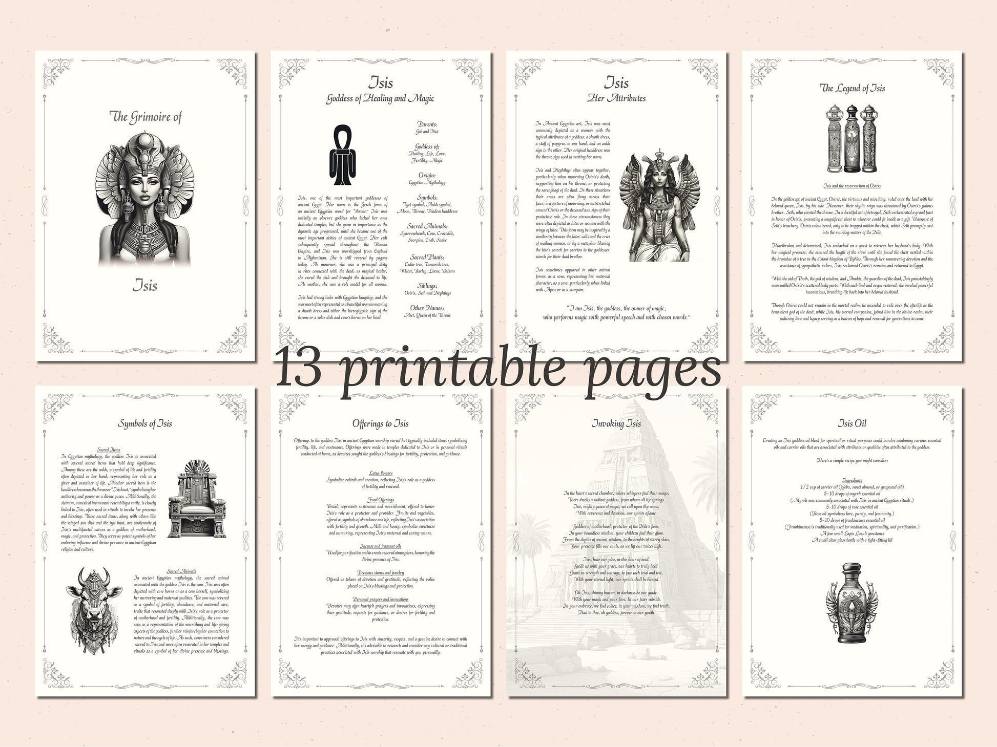 Isis - Grimoire Pages, Aset Goddess of Healing, Love, Magic, Moon, Fertility, Printable, Witch Journal, Egyptian Goddess, Book of Shadows