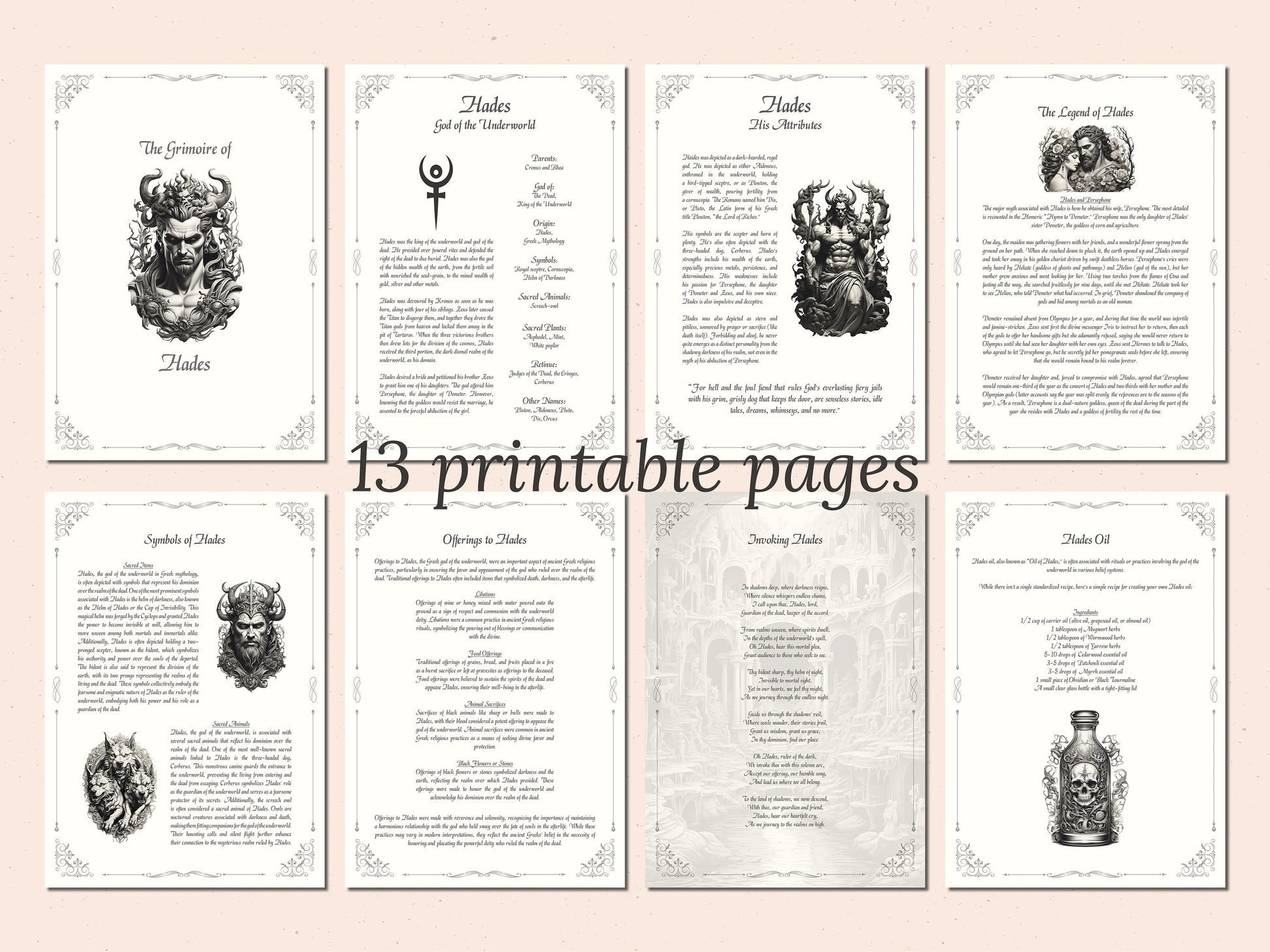 Hades - Grimoire Pages, God of the Dead, King of the Underworld, God Pluton, God of Wealth, Printable, Occult, Book of Shadows