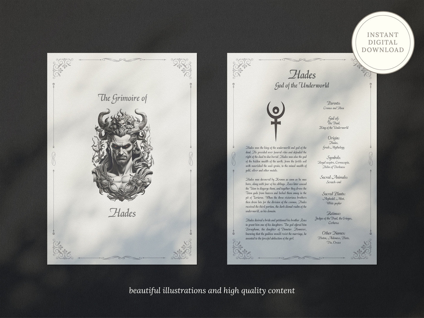 Hades - Grimoire Pages, God of the Dead, King of the Underworld, God Pluton, God of Wealth, Printable, Occult, Book of Shadows
