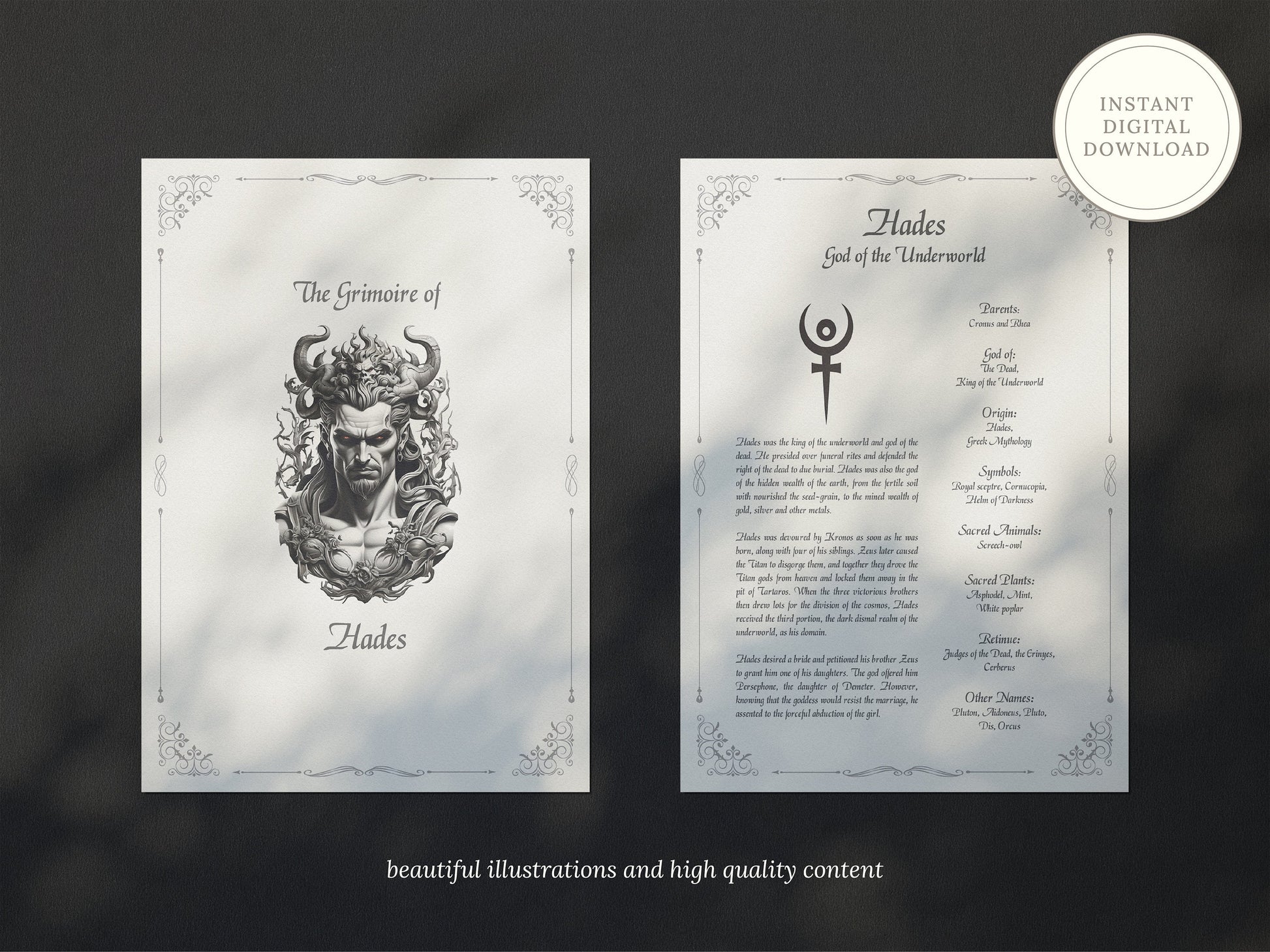 Hades - Grimoire Pages, God of the Dead, King of the Underworld, God Pluton, God of Wealth, Printable, Occult, Book of Shadows