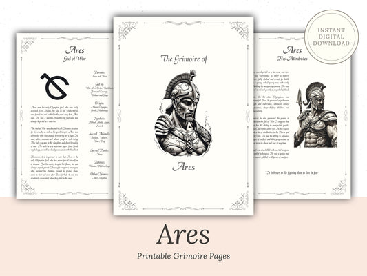 Ares - Grimoire Pages, God of War, God of Courage, God of Strength, Greek God, Printable, Occult, Book of Shadows