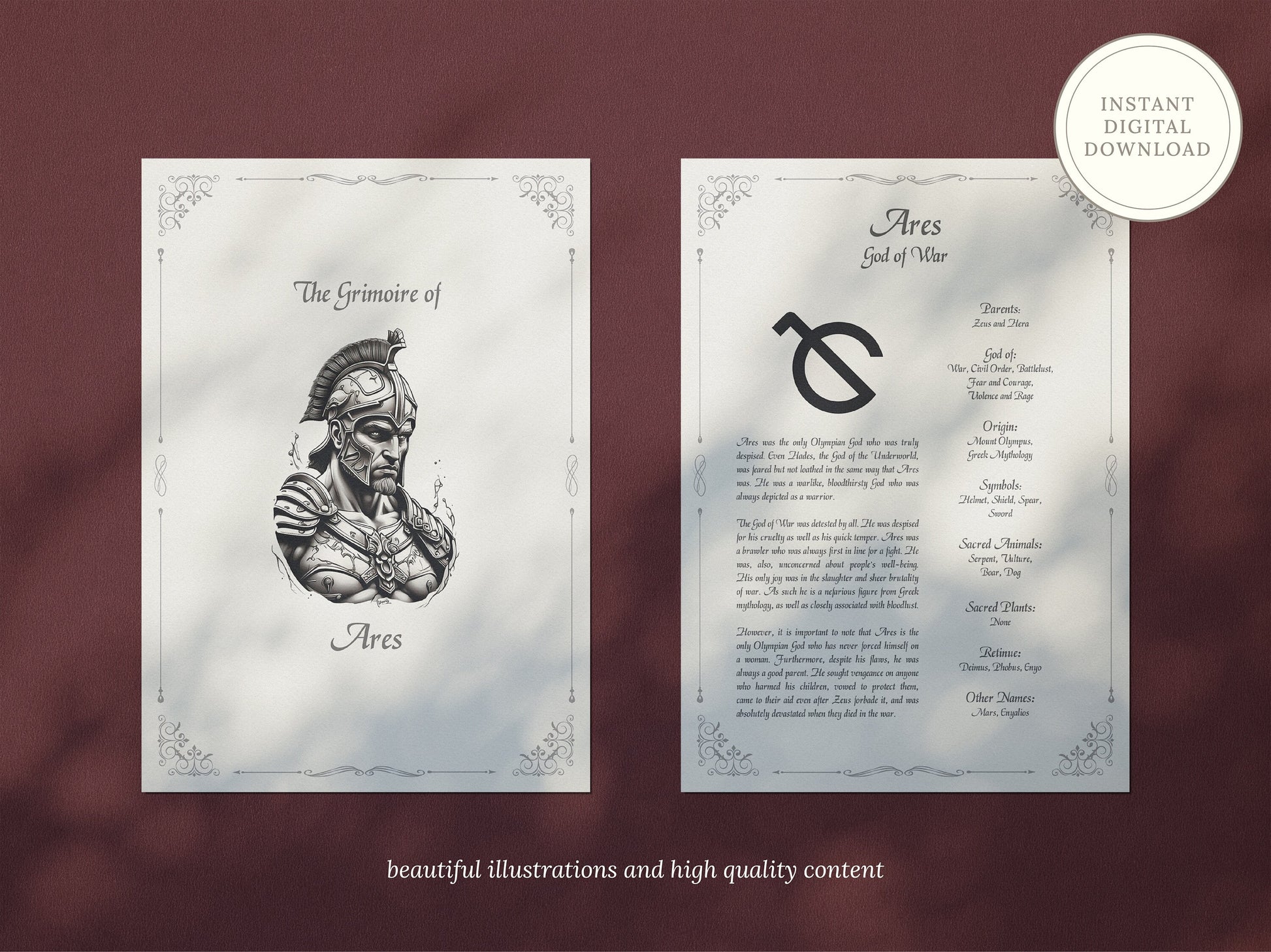 Ares - Grimoire Pages, God of War, God of Courage, God of Strength, Greek God, Printable, Occult, Book of Shadows