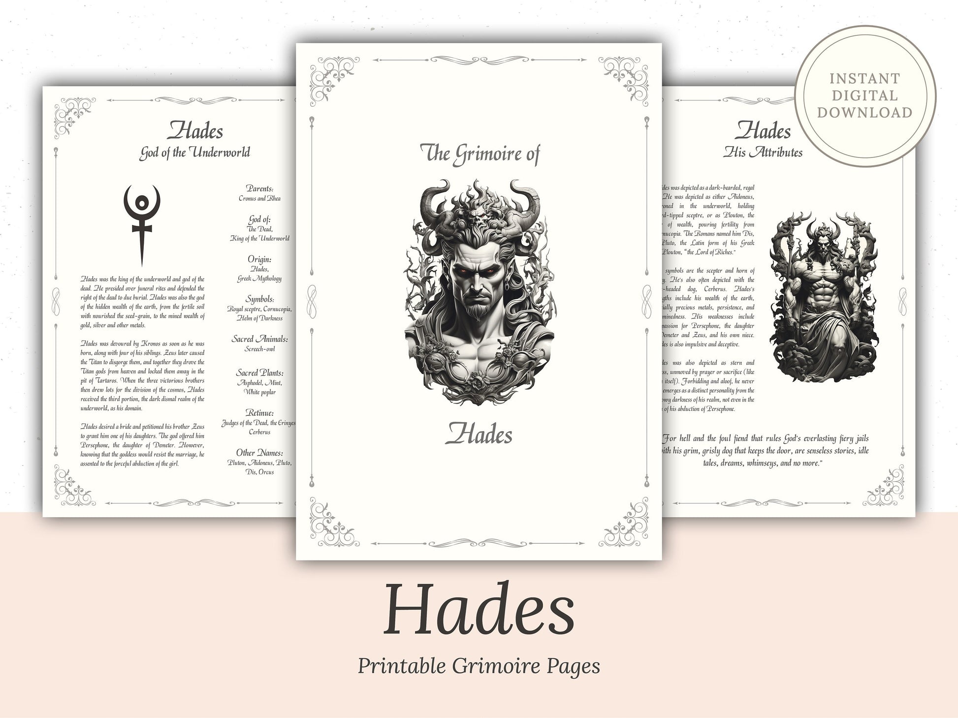 Hades - Grimoire Pages, God of the Dead, King of the Underworld, God Pluton, God of Wealth, Printable, Occult, Book of Shadows
