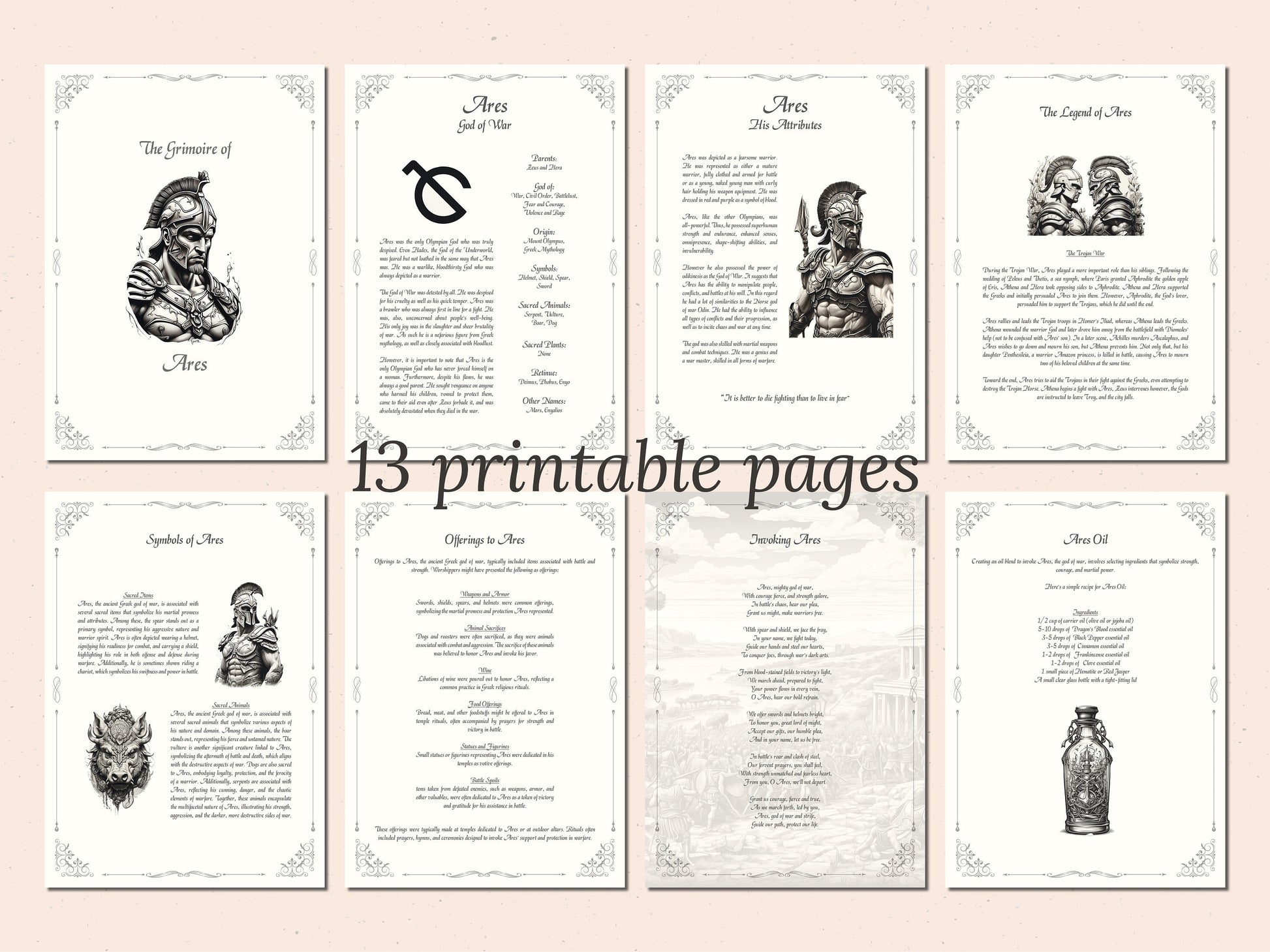 Ares - Grimoire Pages, God of War, God of Courage, God of Strength, Greek God, Printable, Occult, Book of Shadows
