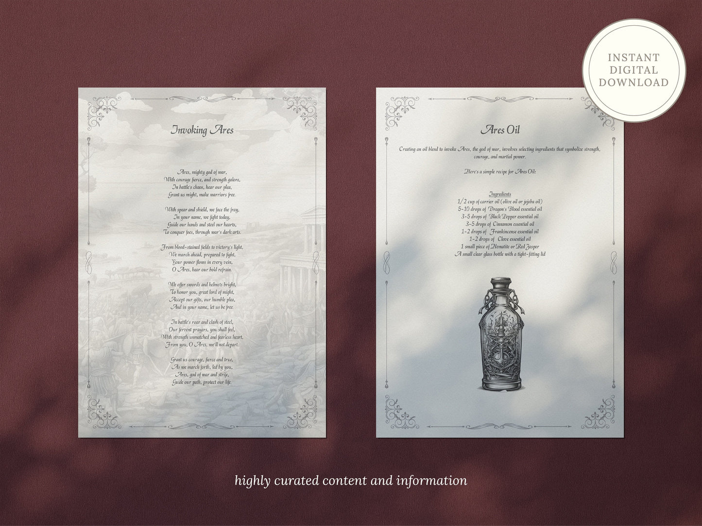 Ares - Grimoire Pages, God of War, God of Courage, God of Strength, Greek God, Printable, Occult, Book of Shadows