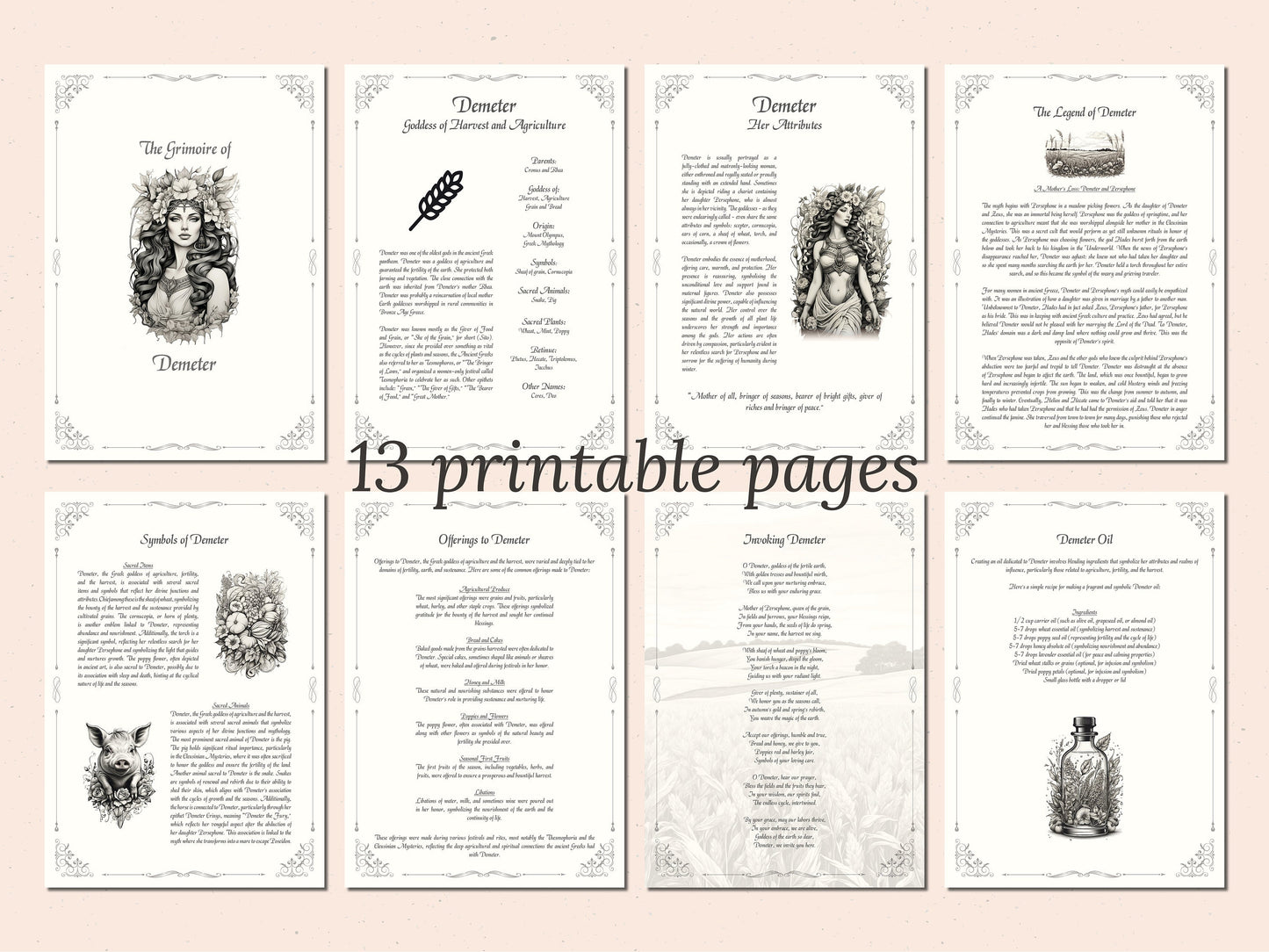 Demeter - Grimoire Pages, Goddess of Harvest, Agriculture, Wheat, Grains, Printable, Witch Journal, Greek Goddess, Book of Shadows