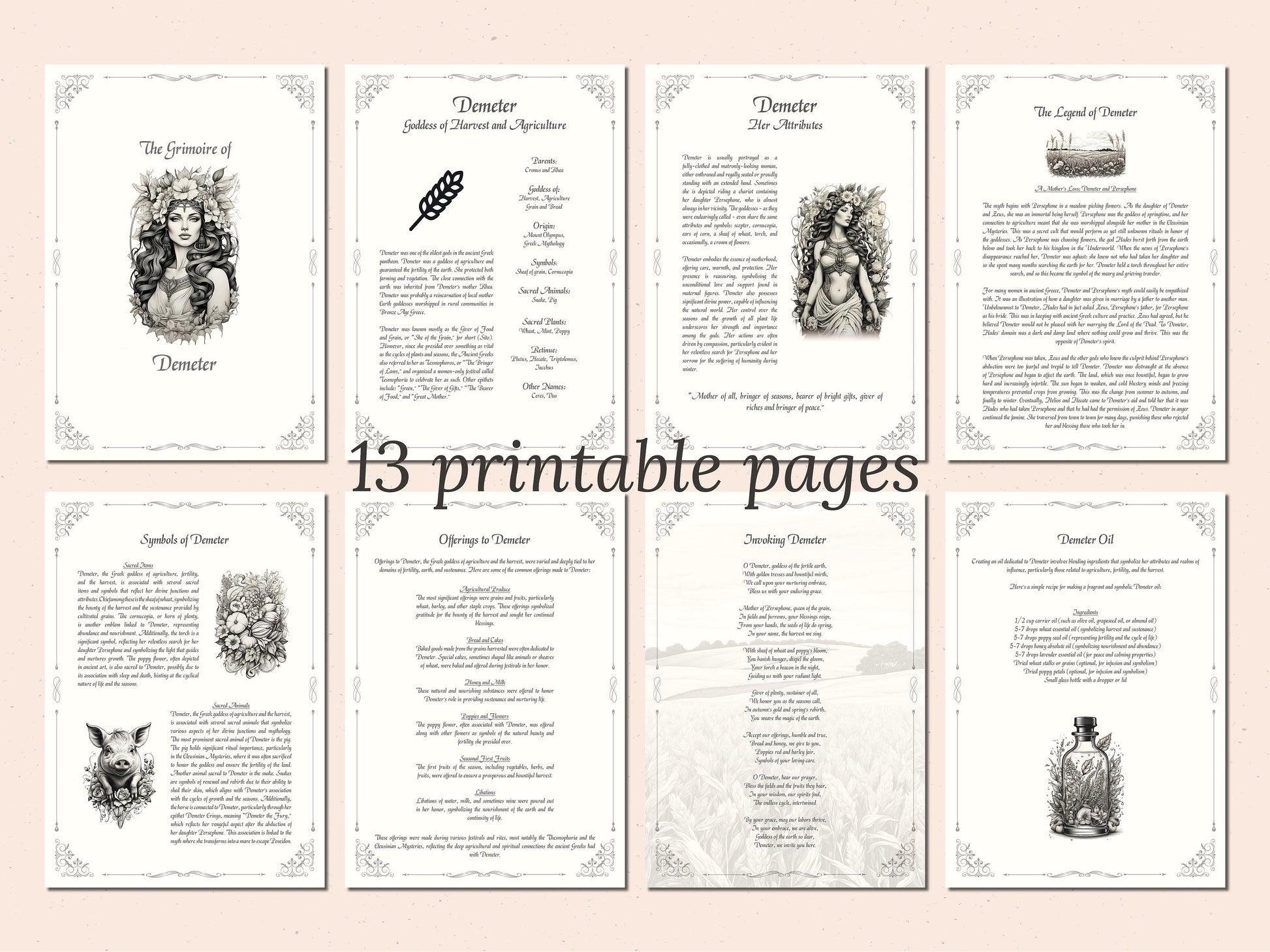Demeter - Grimoire Pages, Goddess of Harvest, Agriculture, Wheat, Grains, Printable, Witch Journal, Greek Goddess, Book of Shadows