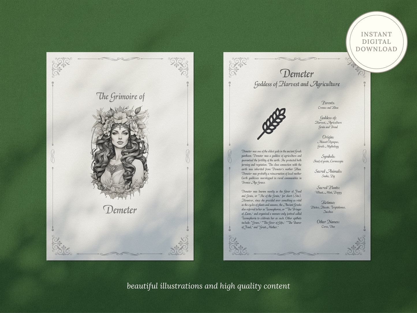 Demeter - Grimoire Pages, Goddess of Harvest, Agriculture, Wheat, Grains, Printable, Witch Journal, Greek Goddess, Book of Shadows