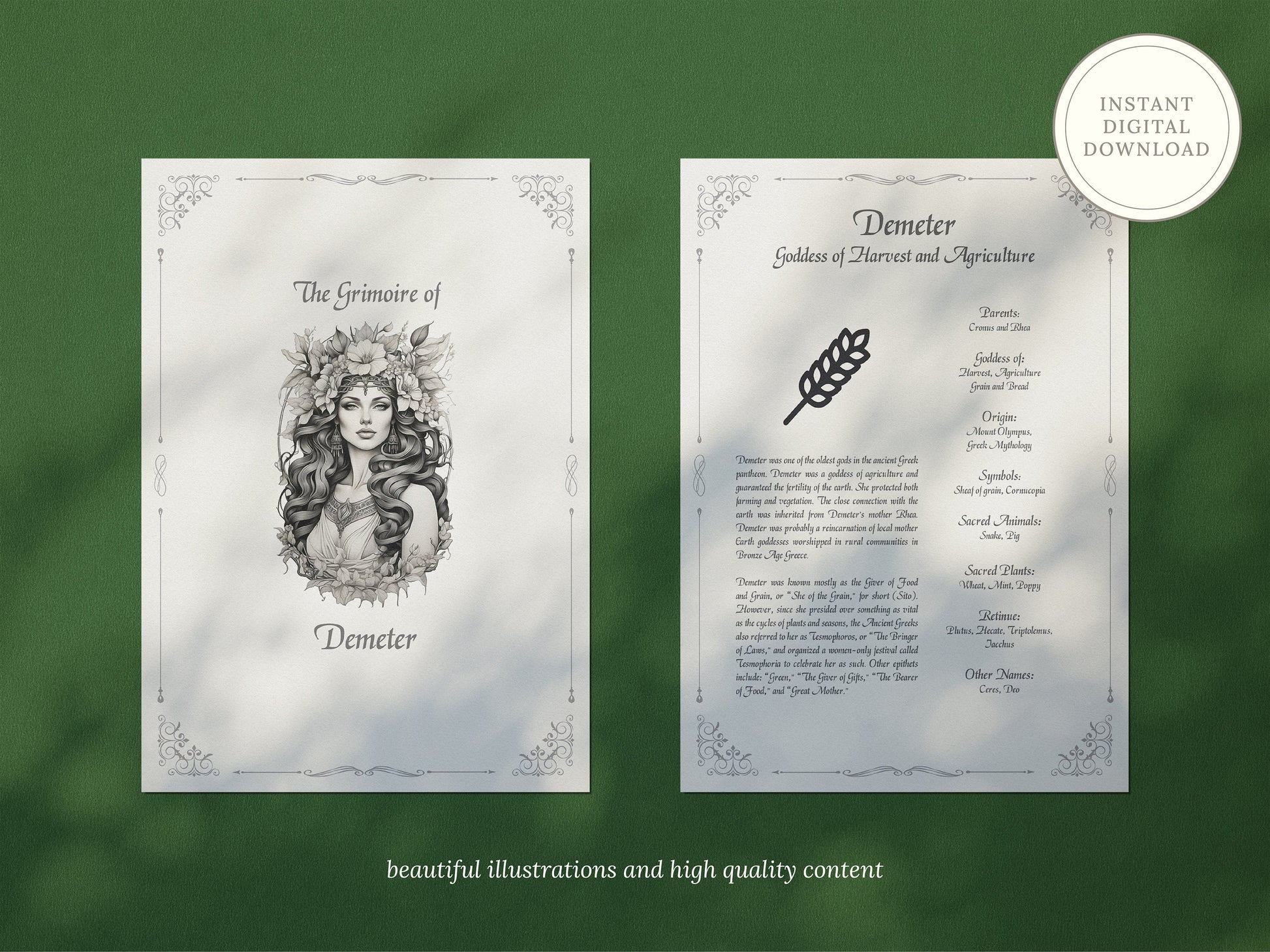 Demeter - Grimoire Pages, Goddess of Harvest, Agriculture, Wheat, Grains, Printable, Witch Journal, Greek Goddess, Book of Shadows