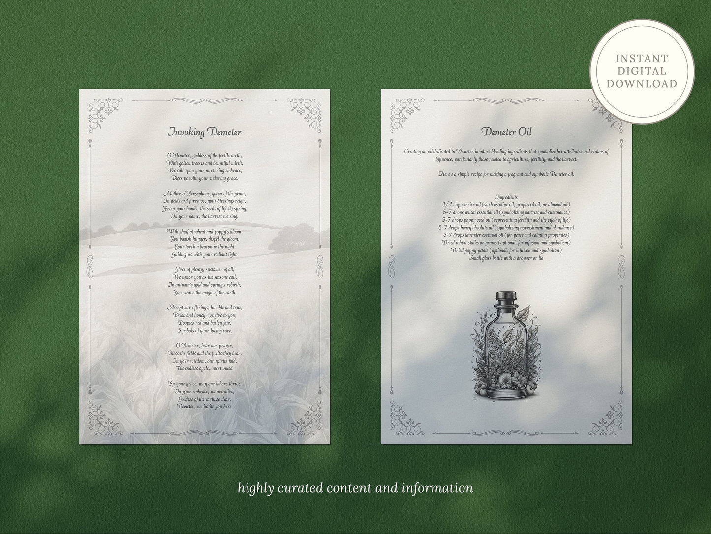 Demeter - Grimoire Pages, Goddess of Harvest, Agriculture, Wheat, Grains, Printable, Witch Journal, Greek Goddess, Book of Shadows