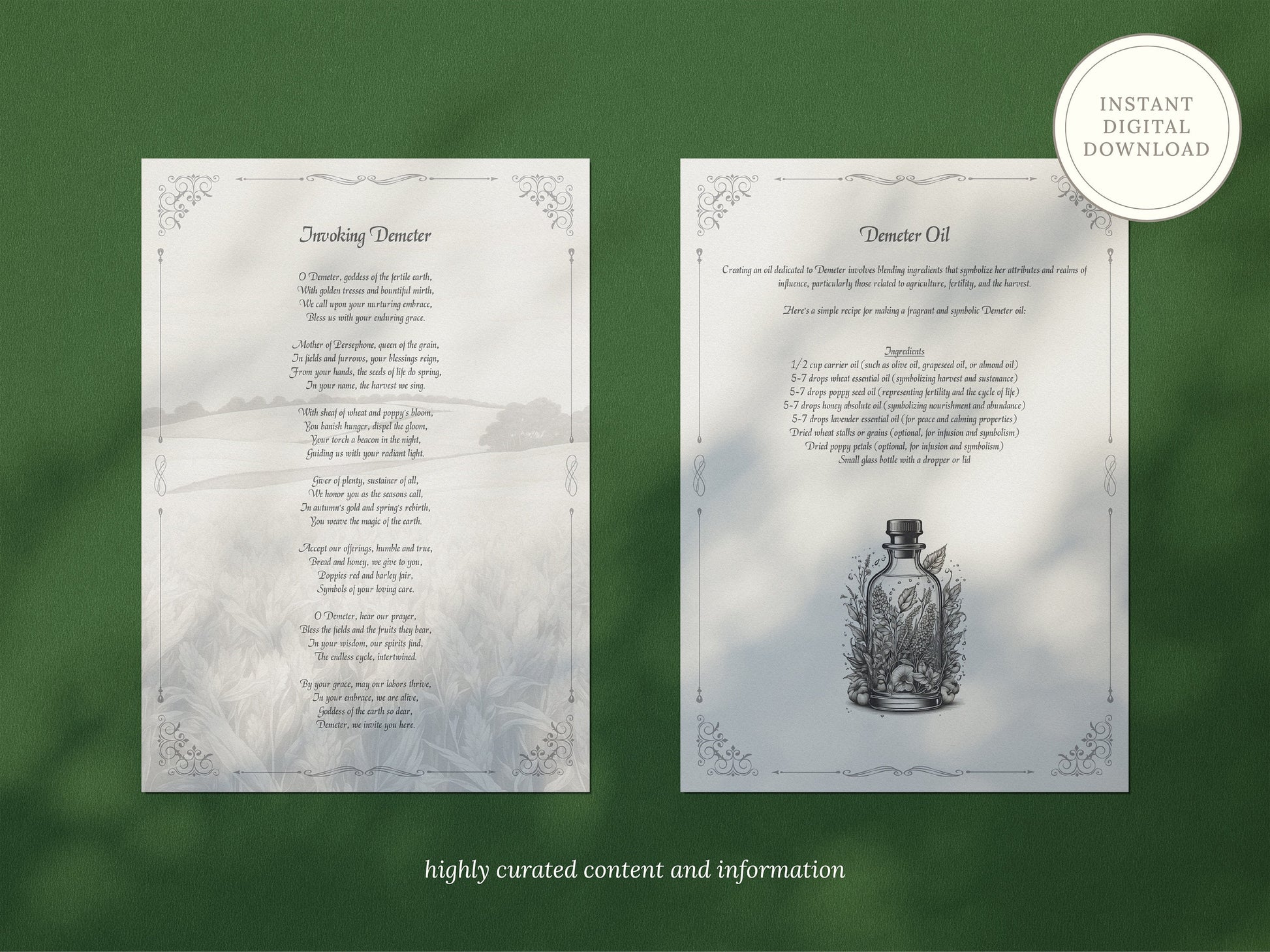 Demeter - Grimoire Pages, Goddess of Harvest, Agriculture, Wheat, Grains, Printable, Witch Journal, Greek Goddess, Book of Shadows
