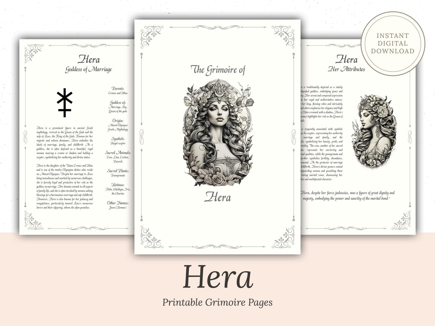 Hera - Grimoire Pages, Goddess of Marriage, Women, Childbirth, Harmony Spell, Book Of Shadows, Printable, Digital Journal, Greek Goddess