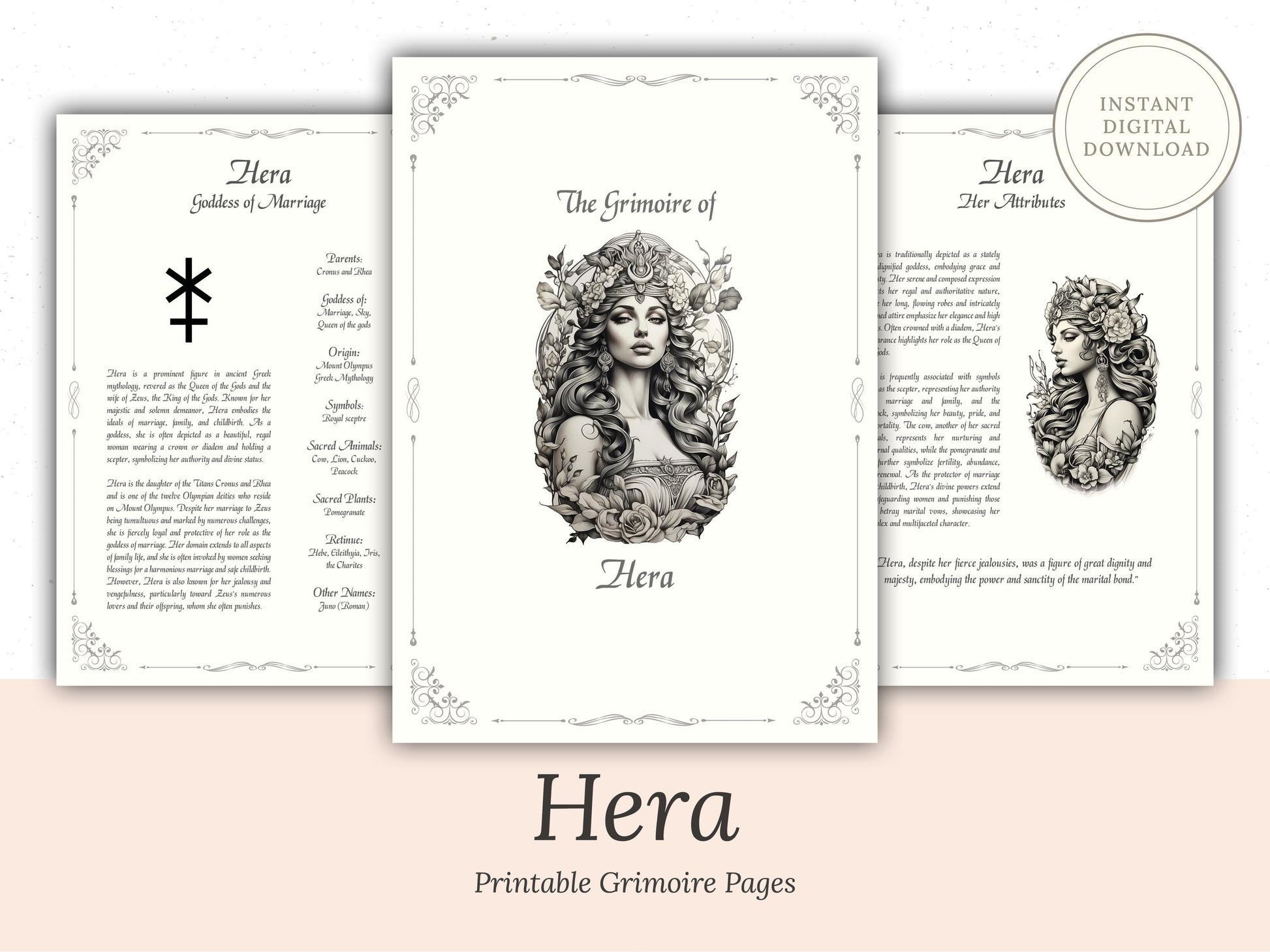 Hera - Grimoire Pages, Goddess of Marriage, Women, Childbirth, Harmony Spell, Book Of Shadows, Printable, Digital Journal, Greek Goddess
