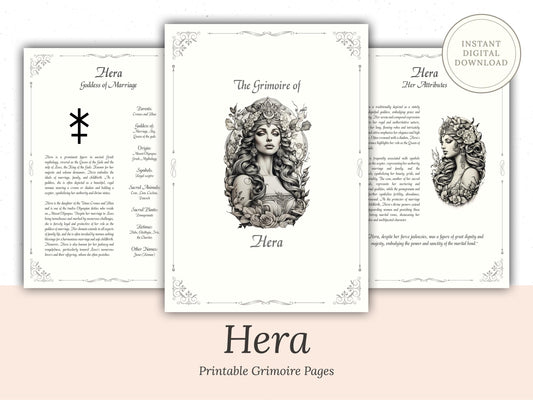 Hera - Grimoire Pages, Goddess of Marriage, Women, Childbirth, Harmony Spell, Book Of Shadows, Printable, Digital Journal, Greek Goddess
