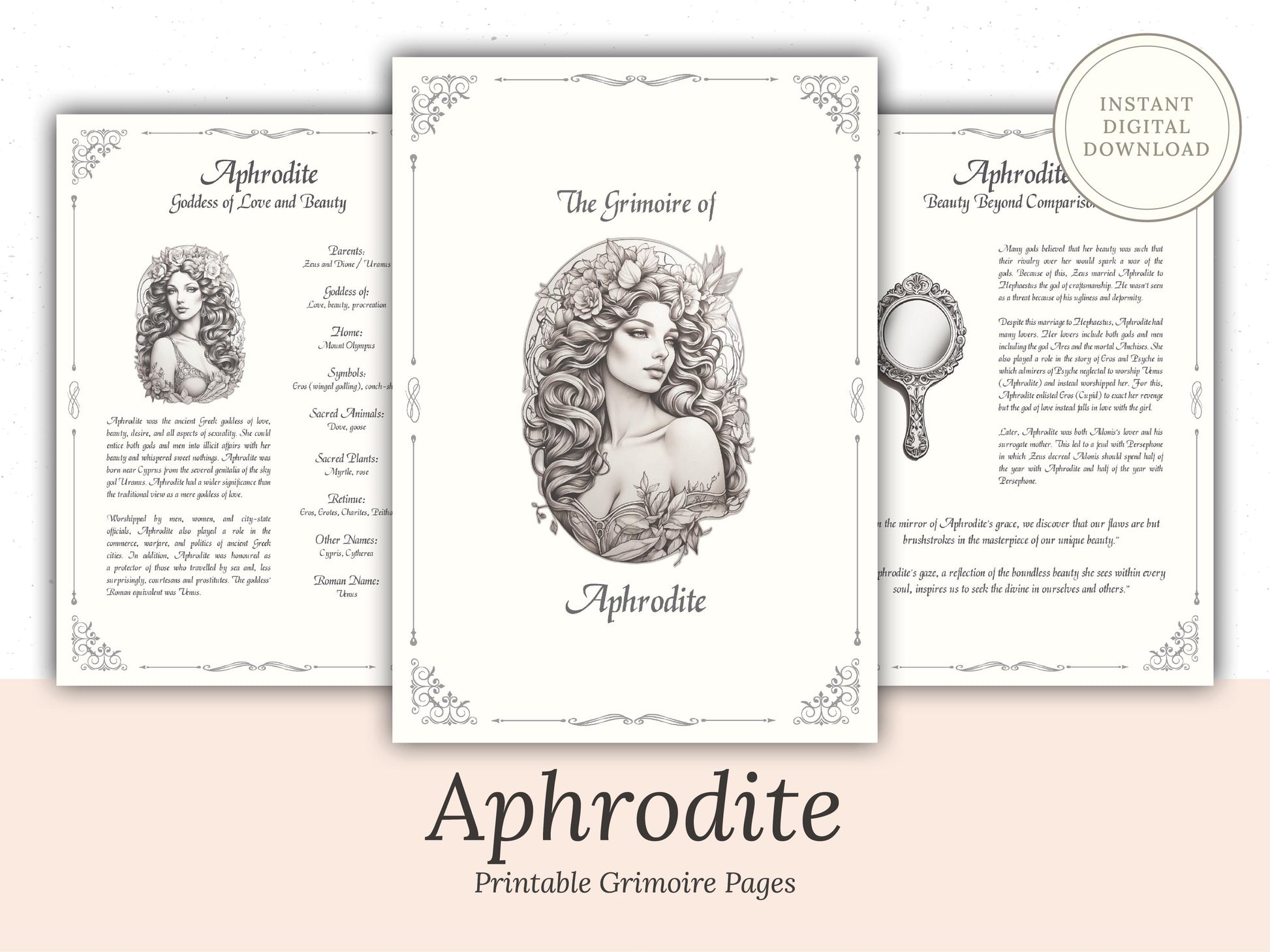 Aphrodite - Grimoire Pages - Beauty Magick - Beauty Spells - Witchcraft - Book Of Shadows - Printable - Digital Book of Shadows - Deity