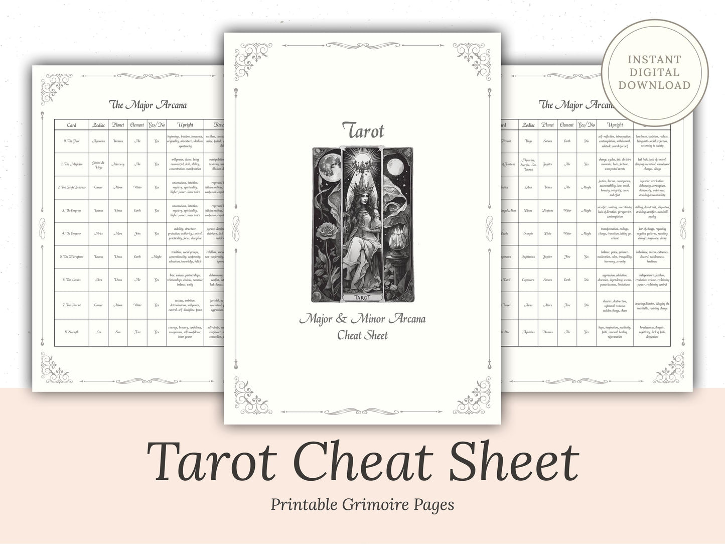Tarot Cheat Sheets - Beginner and Advanced Tarot Readers, Printable, Instant Download, Ebook, Guide, Tarot Guide, Tarot Symbolism, Digital