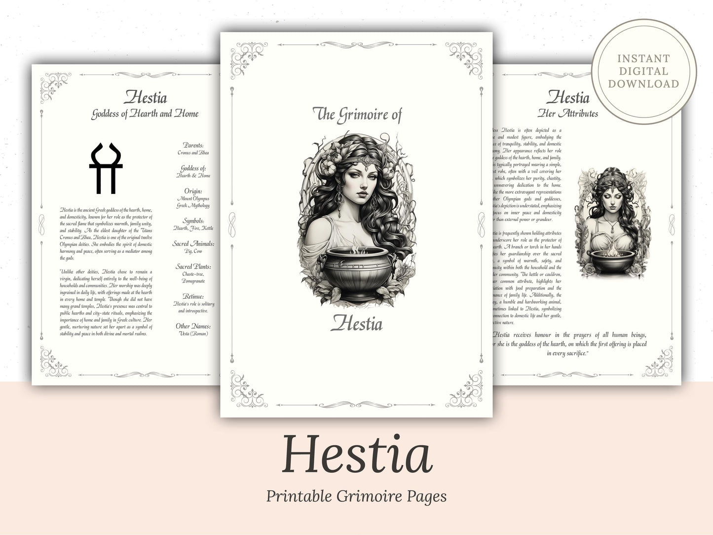 Hestia - Grimoire Pages, Goddess of Hearth, Home, Virgin Goddess, Witch Journal, Greek Goddess, Book of Shadows, Goddess of Hearth-fire