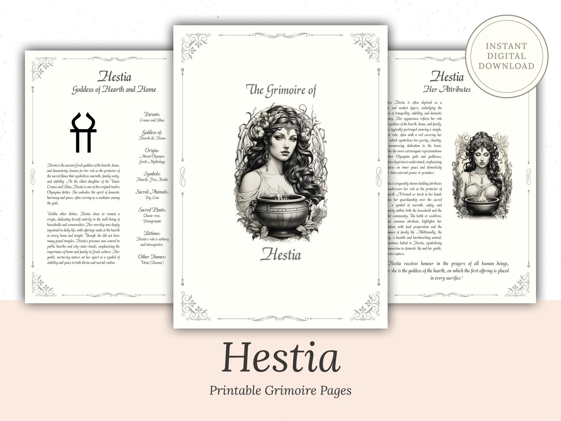 Hestia - Grimoire Pages, Goddess of Hearth, Home, Virgin Goddess, Witch Journal, Greek Goddess, Book of Shadows, Goddess of Hearth-fire