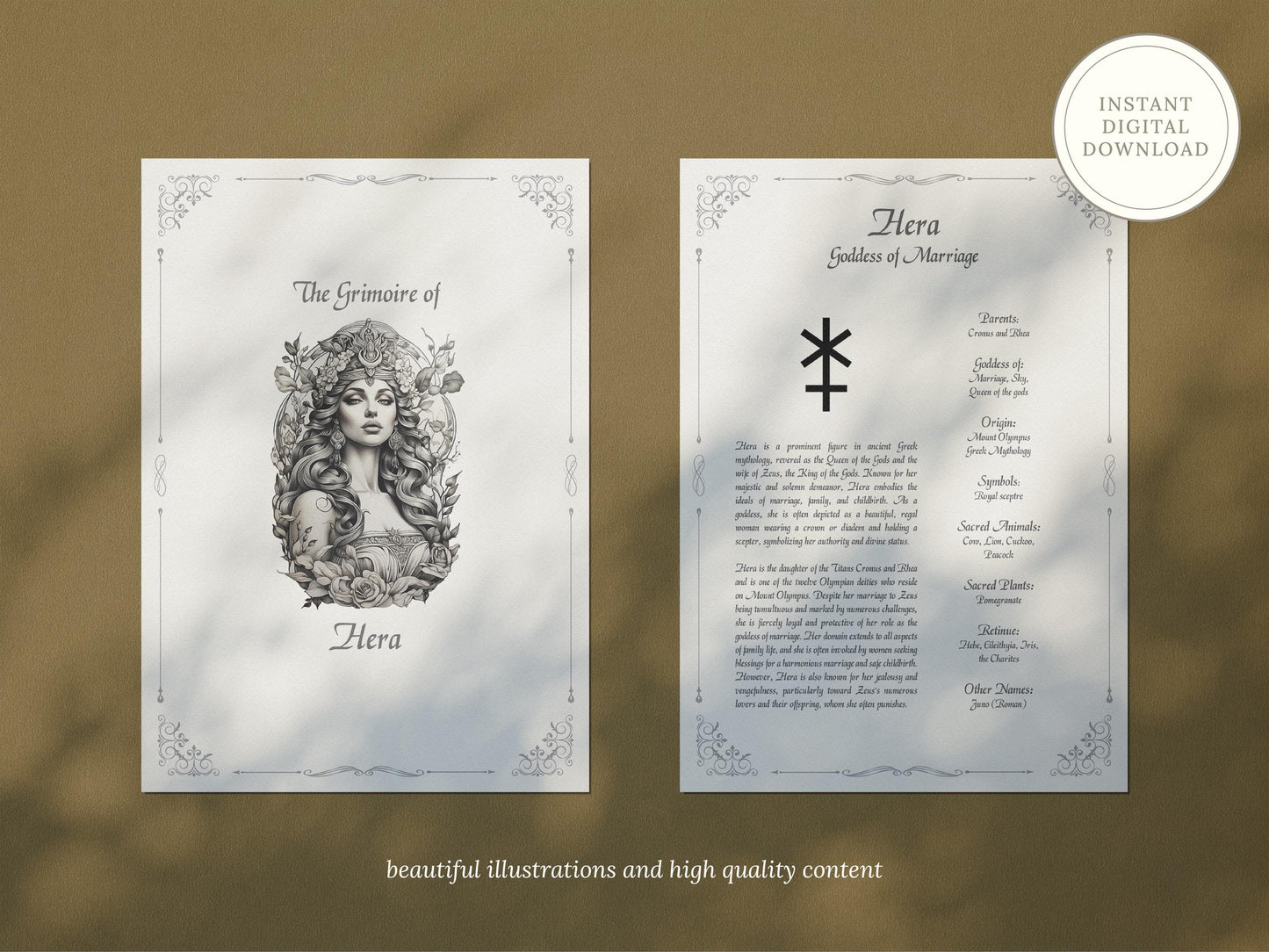 Hera - Grimoire Pages, Goddess of Marriage, Women, Childbirth, Harmony Spell, Book Of Shadows, Printable, Digital Journal, Greek Goddess