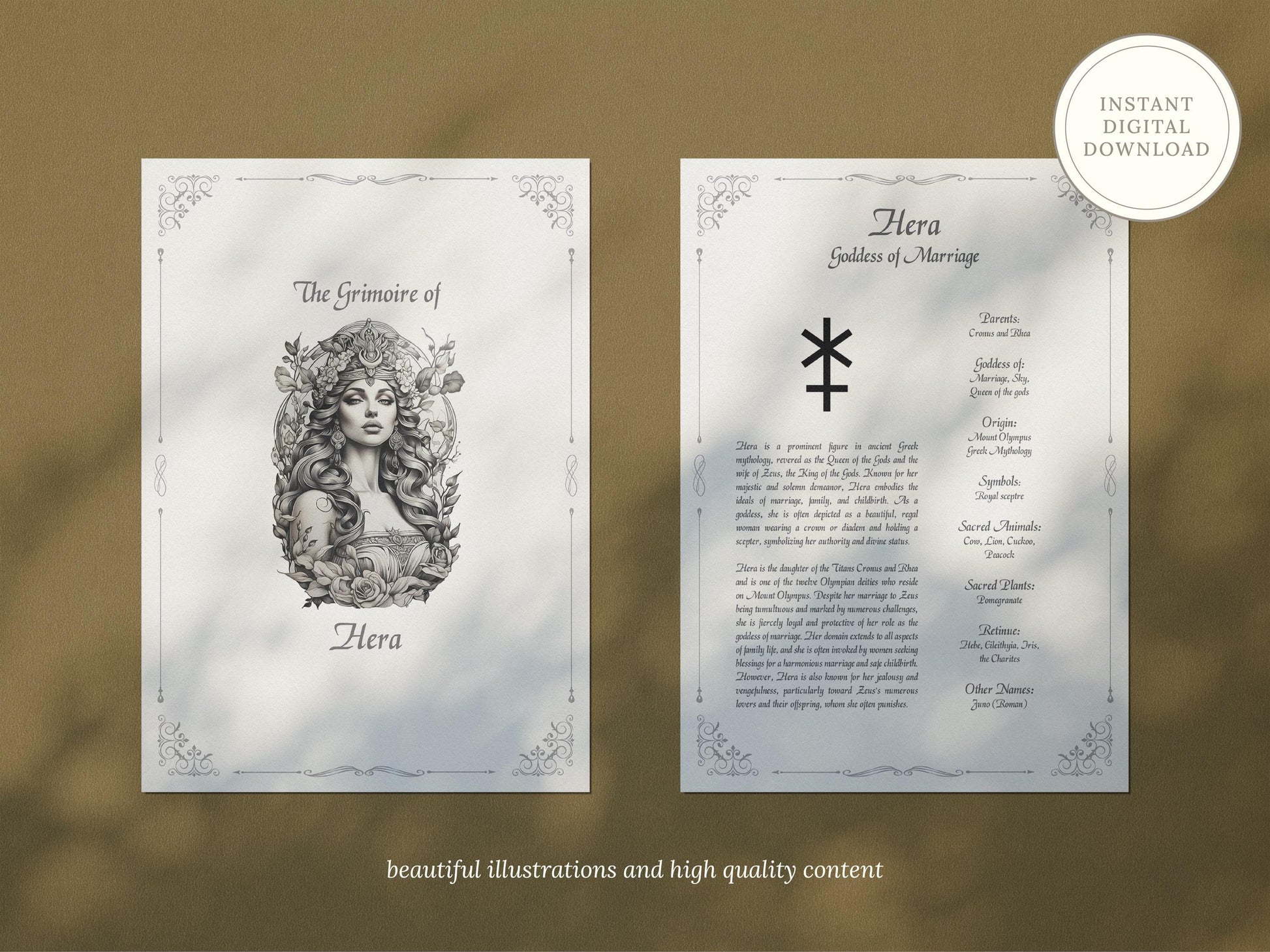 Hera - Grimoire Pages, Goddess of Marriage, Women, Childbirth, Harmony Spell, Book Of Shadows, Printable, Digital Journal, Greek Goddess