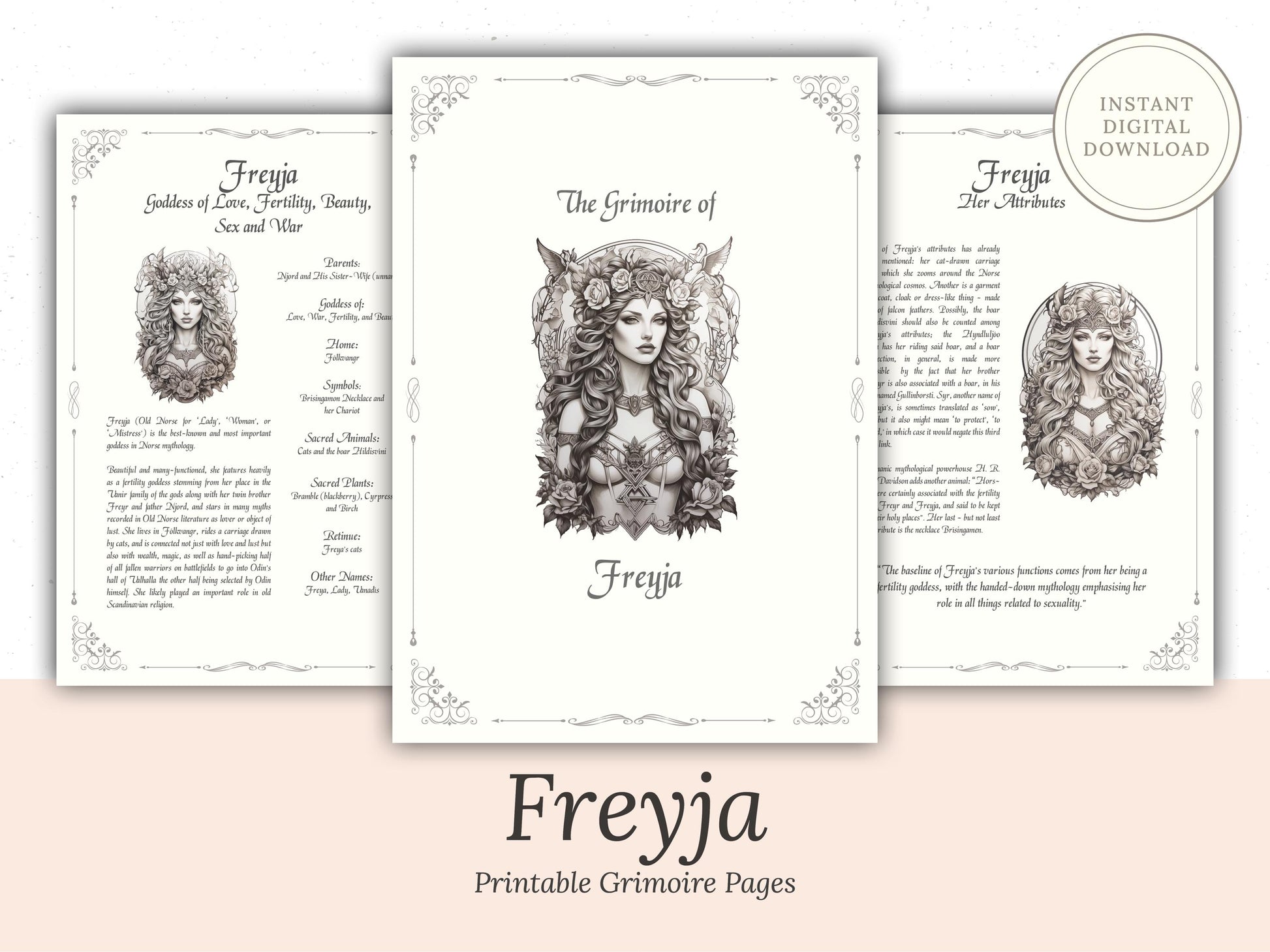 Freyja - Grimoire Pages - Beauty Magick - Love Spells - Witchcraft - Book Of Shadows - Printable - Digital Book of Shadows - Goddess of Love