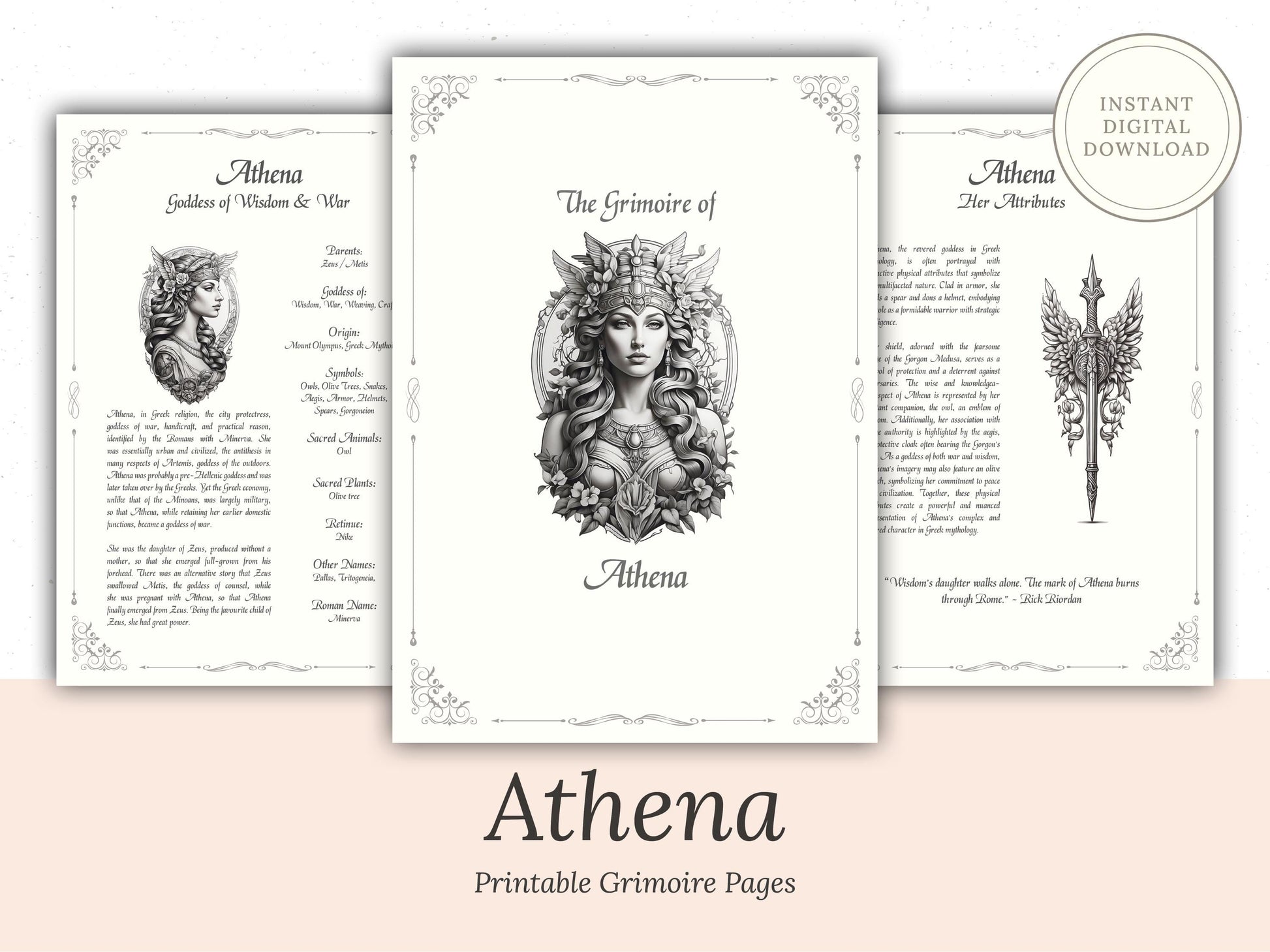 Athena - Grimoire Pages - Goddess of Wisdom and War - Protection Spells - Book Of Shadows - Printable - Digital Book of Shadows - Witchcraft