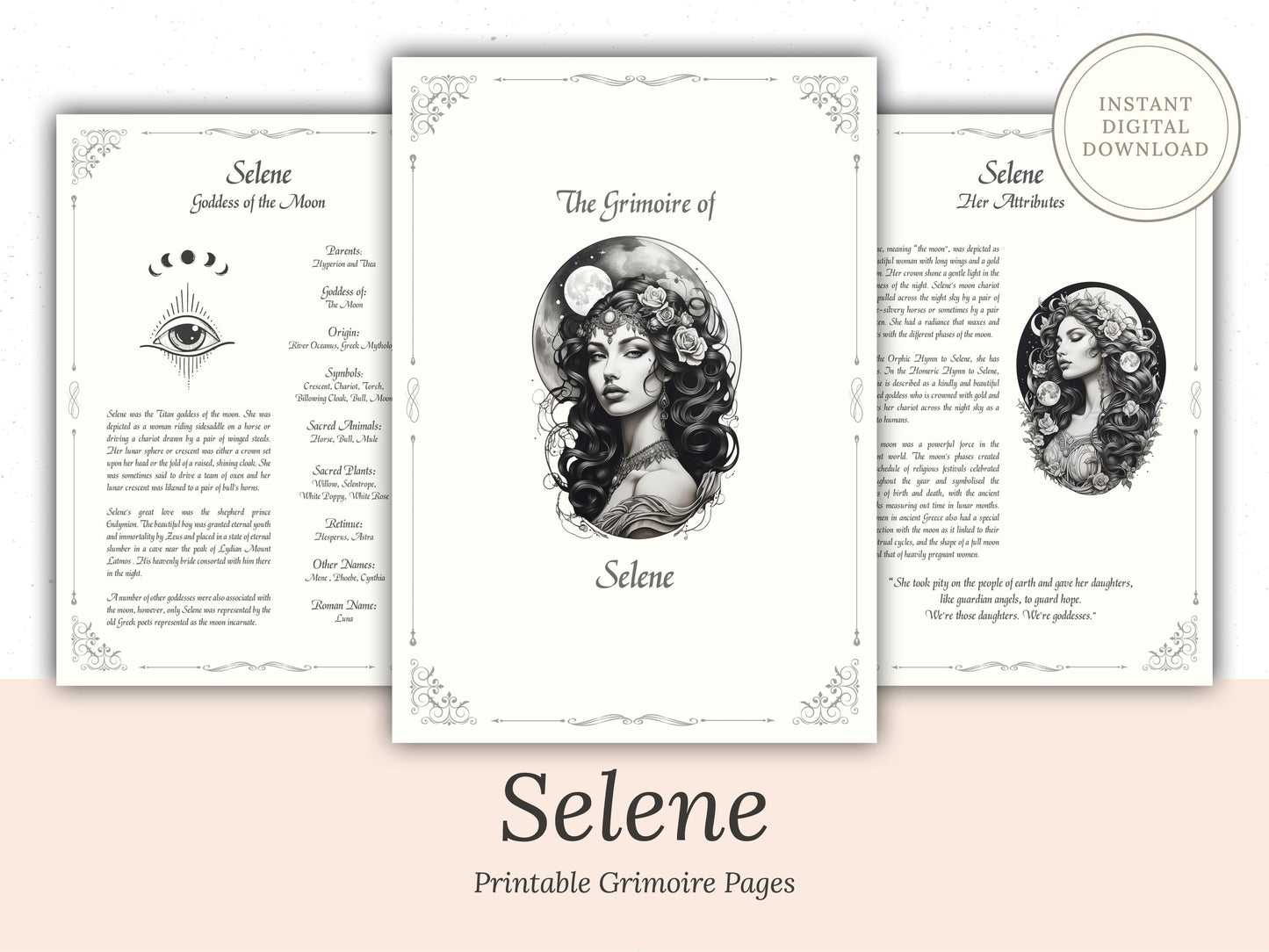 Selene - Grimoire Pages - Goddess of the Moon - Dream Spells - Book Of Shadows - Printable - Digital Guide - Witchcraft - Intuition Spells