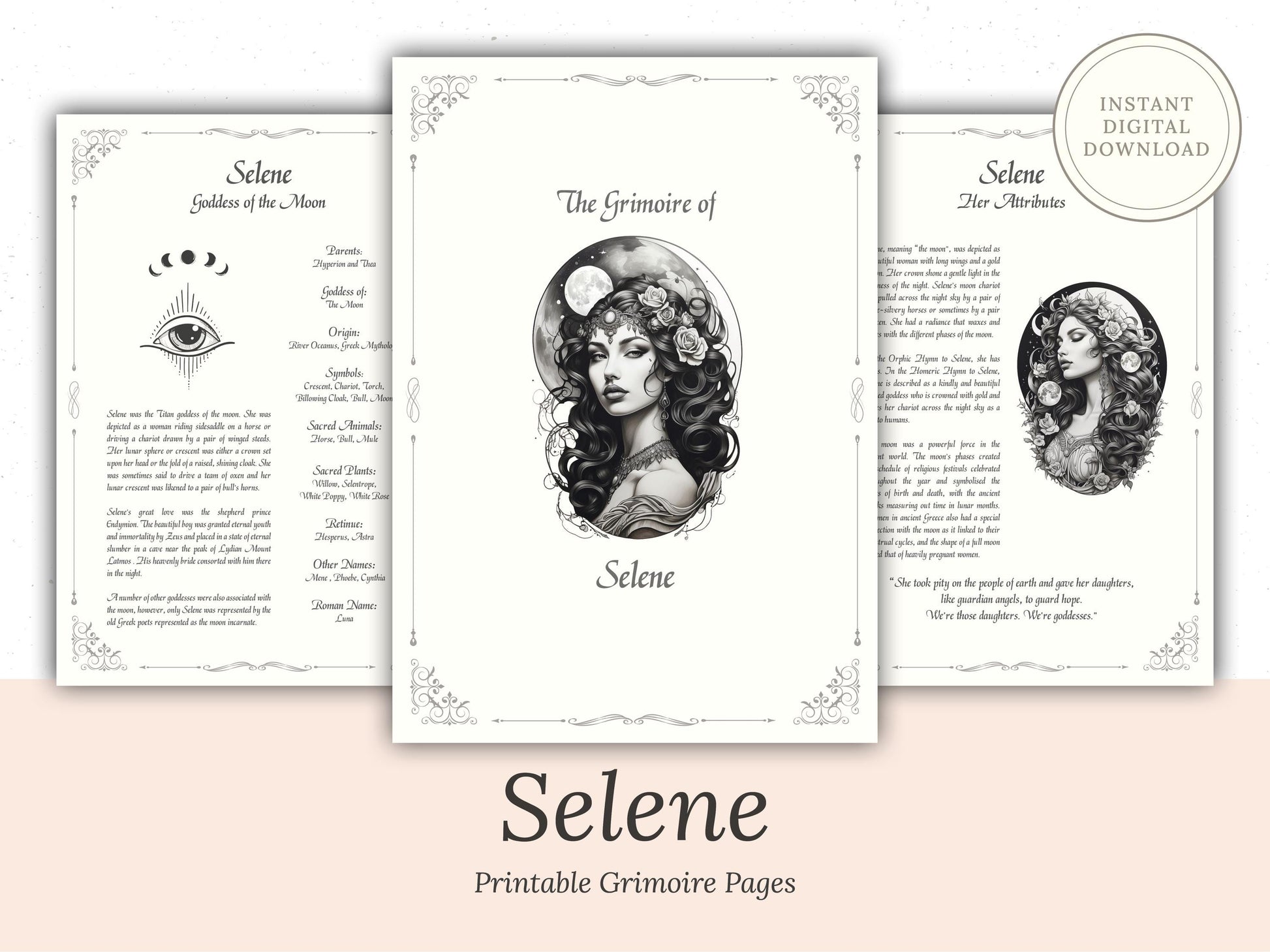 Selene - Grimoire Pages - Goddess of the Moon - Dream Spells - Book Of Shadows - Printable - Digital Guide - Witchcraft - Intuition Spells