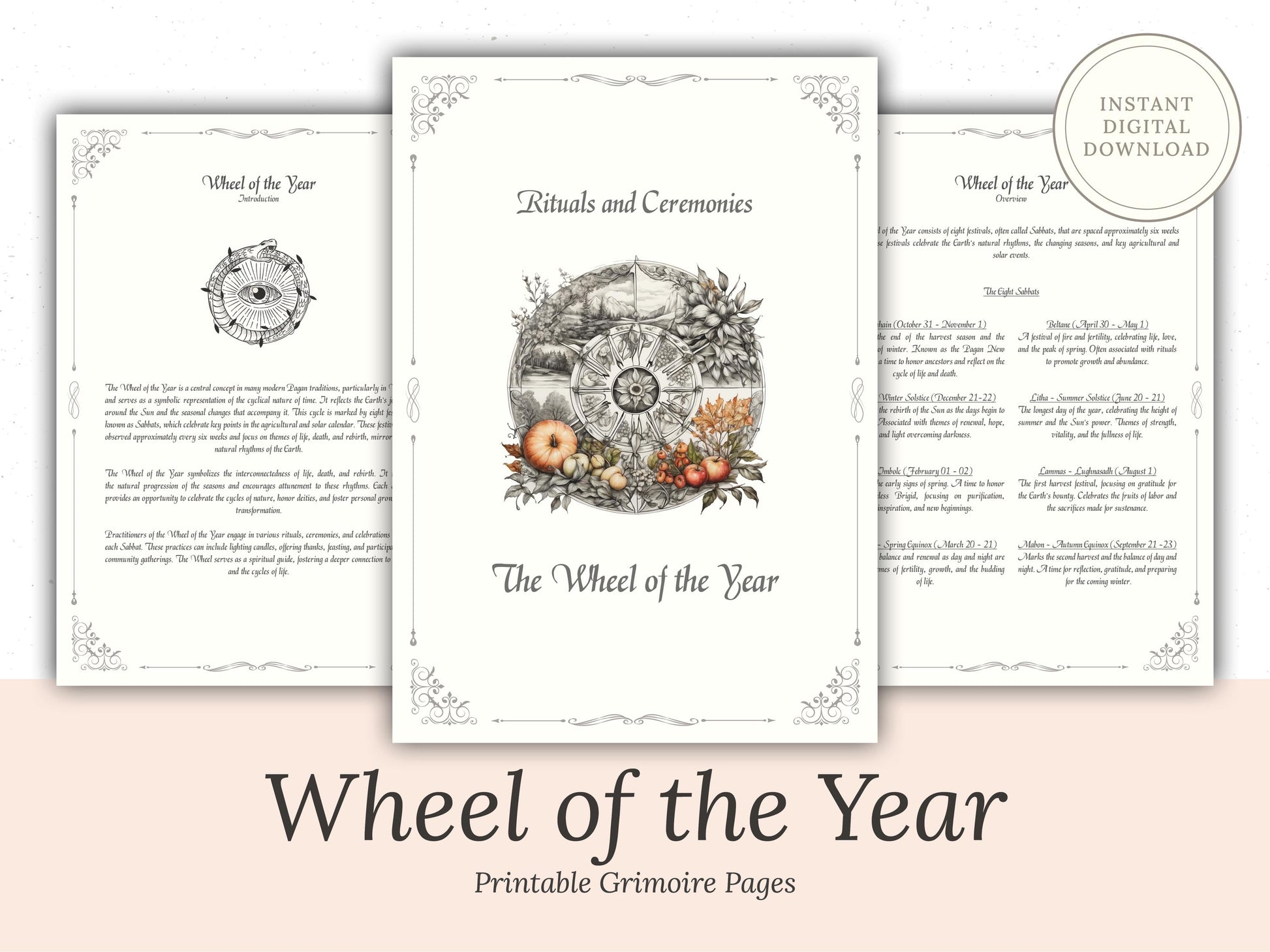 Wheel of the Year - Rituals and Ceremonies, Printable Grimoire Pages, Book of Shadows, Sabbats, Pagan Tradition, Witch Festival, Wicca