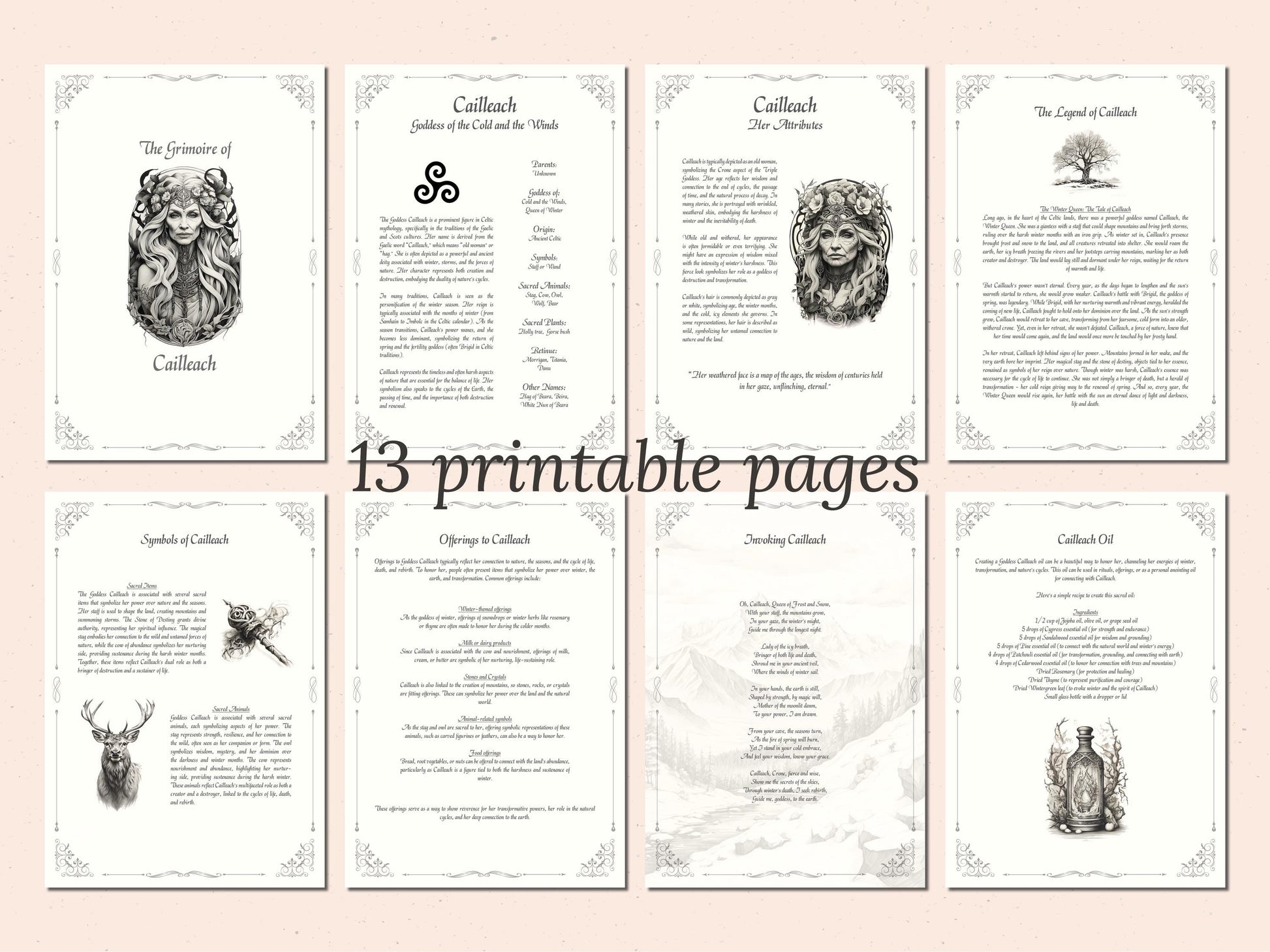 Cailleach - Grimoire Pages, Goddess of the Cold & Wind, Queen of Winter, Hag of Beara, Printable, Witch Journal, Book of Shadows, Spells