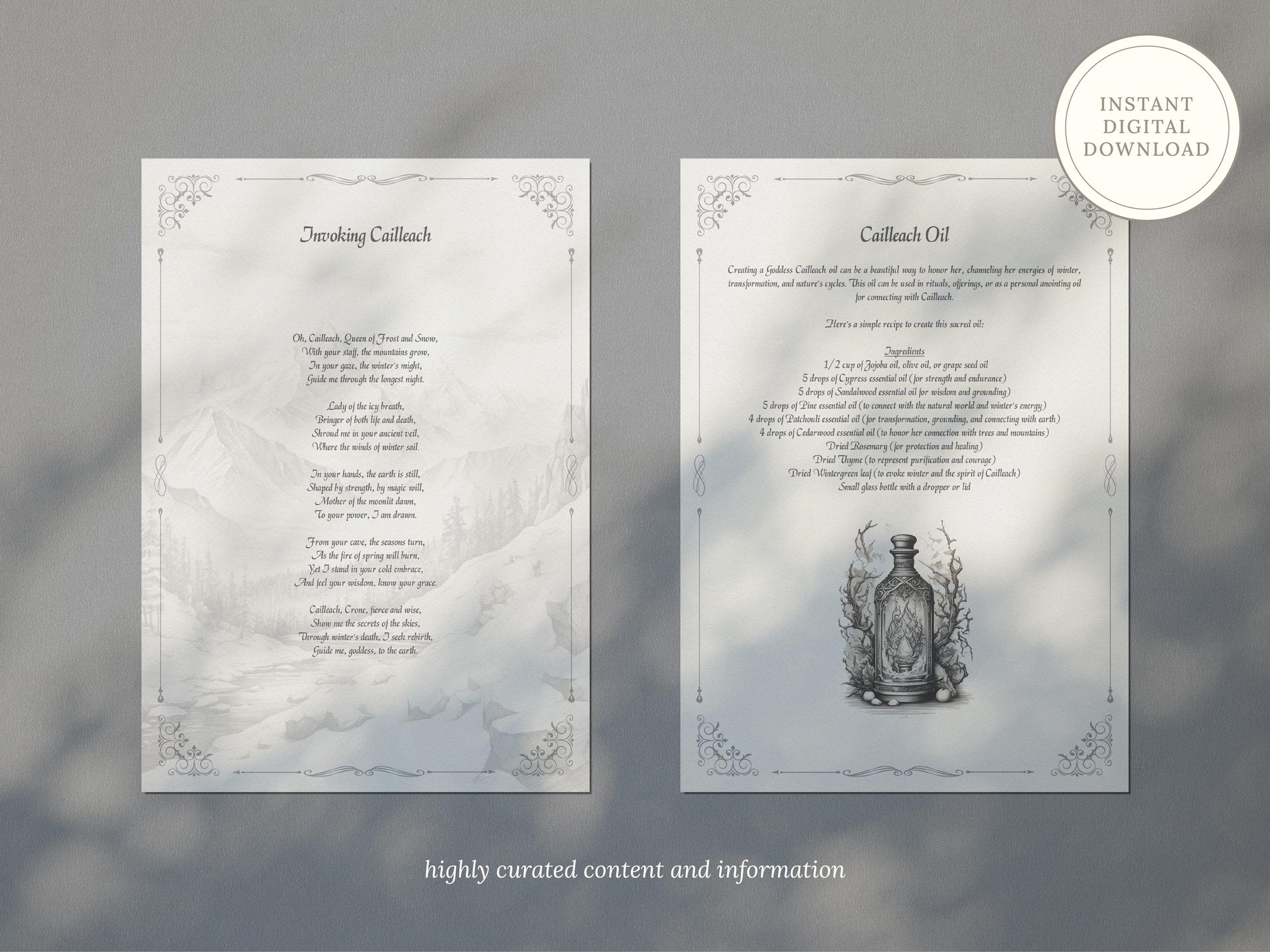 Cailleach - Grimoire Pages, Goddess of the Cold & Wind, Queen of Winter, Hag of Beara, Printable, Witch Journal, Book of Shadows, Spells