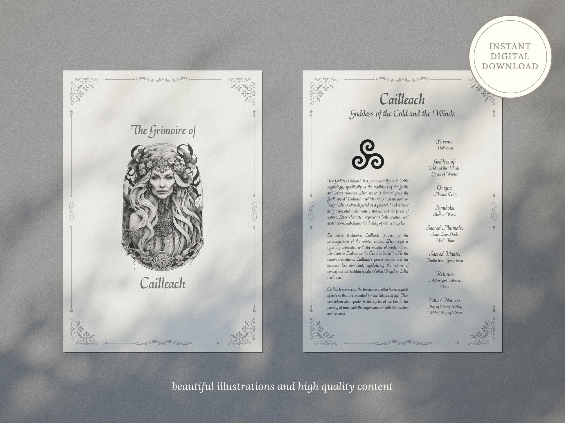 Cailleach - Grimoire Pages, Goddess of the Cold & Wind, Queen of Winter, Hag of Beara, Printable, Witch Journal, Book of Shadows, Spells