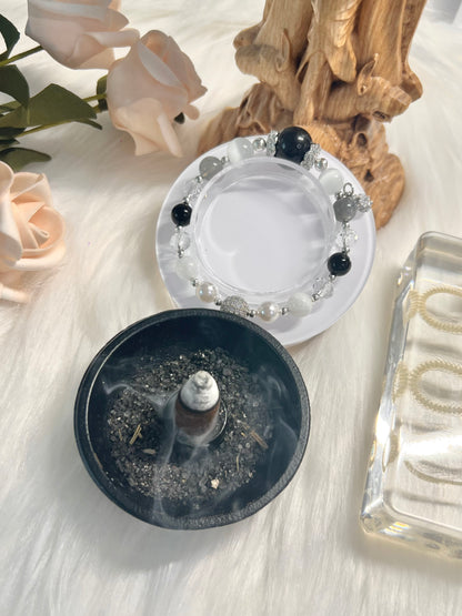 Spiritual Protection Bracelet - Silver Sheen Obsidian, Selenite, Black Onyx, Gray Labradorite, Rainbow Moonstone, Clear Quartz, Fresh Pearls